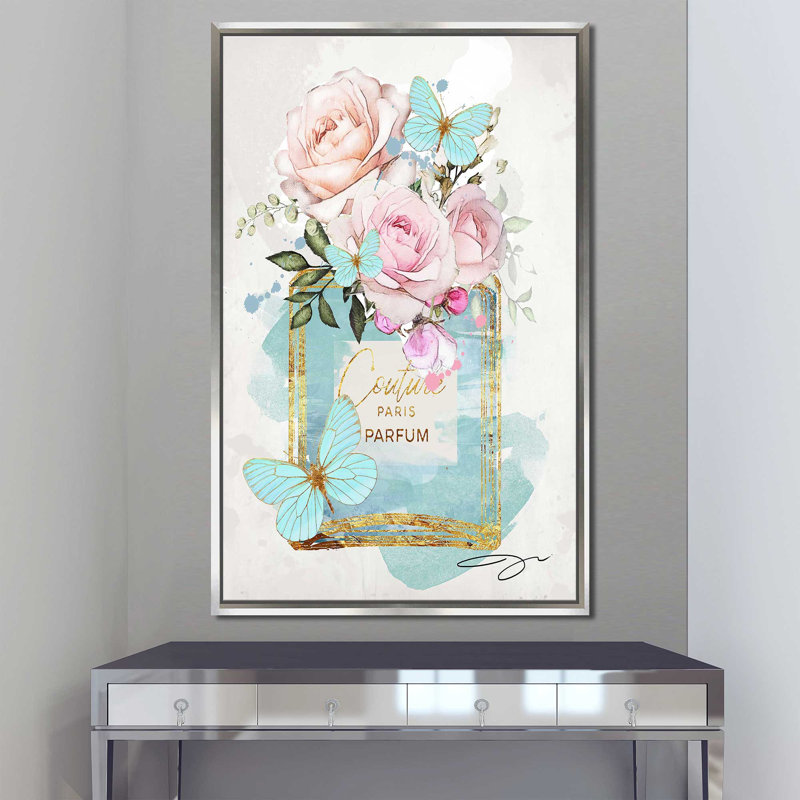«Parfum Bottle, Flowers & Butterflies (Blue) (Vertical)» par By Jodi - impression, H 51,5 po x l 31,5 po x P 2 po
