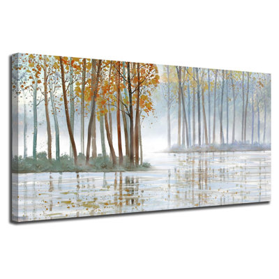 Bouleaux, art mural sur toile, paysage forestier, peinture, œuvre d'art moderne, grand, encadré pour salon, bureau à domicile, décoration murale 48 po x 24 po