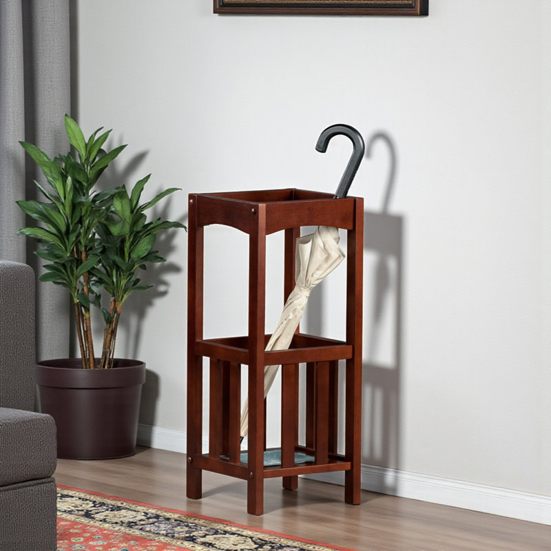 Axel Umbrella Stand with Metal Tray in Walnut Finish, 26.62" H X 10.75" W X 10.75" D