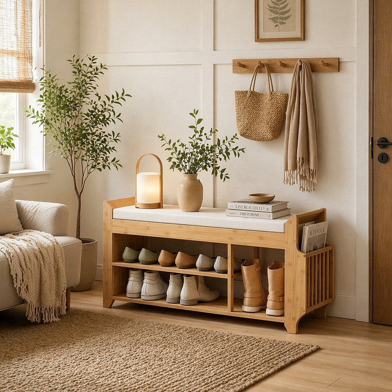 Banc de rangement pour hall d'entrée, banc à chaussures avec sièges rembourrés confortables