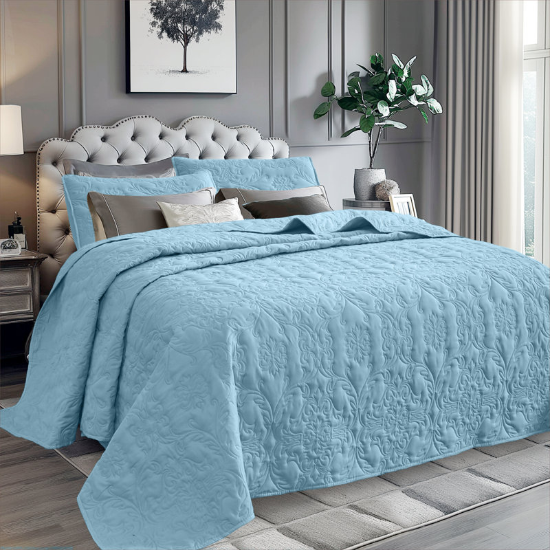 Ensemble de courtepointe, Courtepointe grand lit + 2 taies d'oreiller standa, Bleu clair