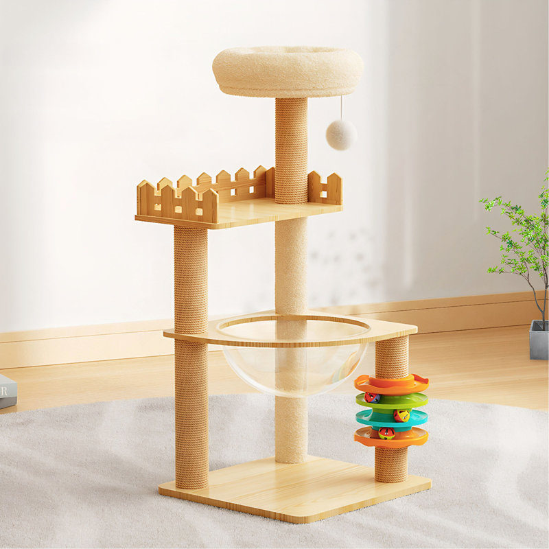 Tour à chat moderne de 39,3 po, tour à chat en bois pour chats d'intérieur, arbre à chat avec poteaux à griffes recouverts de sisal et perchoir supérieur, condo pour chat avec hamac en acrylique et jouets pour petits chats de grande taille