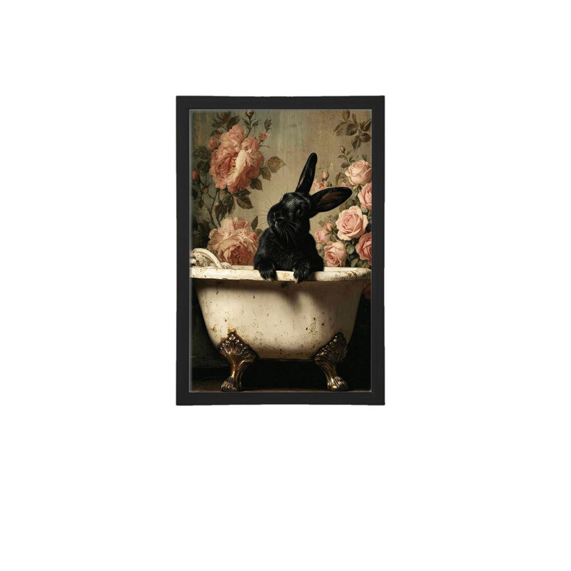 Lapin noir dans une baignoire, art mural encadré 12 po x 18 po avec cadre noir pour salle de bain