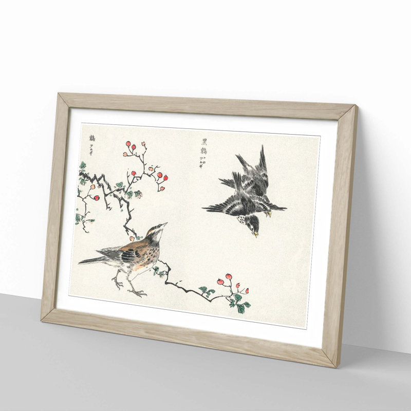 Thrush Birds by Numata Kashu - Picture Frame Painting Print, Oak, 60cm H x 91cm W x 2cm D