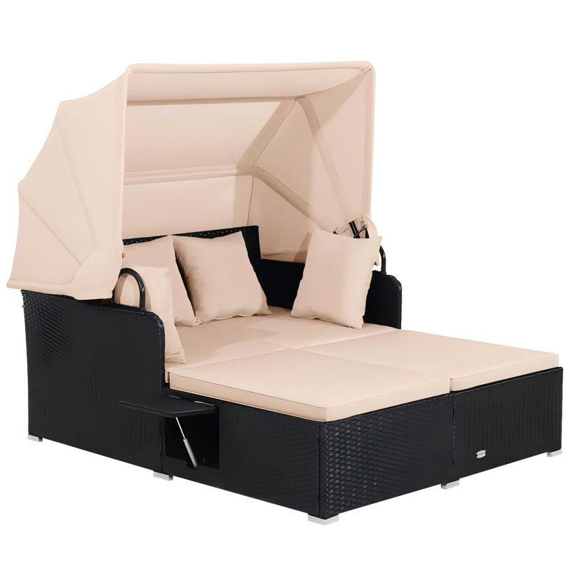 60.5 In. L X 65 In W PE Rattan Patio Daybed With Cushions Retractable Canopy, Beige