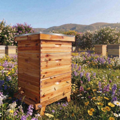 La trousse de démarrage de ruche d'abeilles à 10 cadres pour apicoles trempées dans de la cire d'abeille à 100% comprend 2 boîtes profondes et 1 boîte à abeilles moyenne avec des cadres de ruches et des fondations en cire pour les débutants