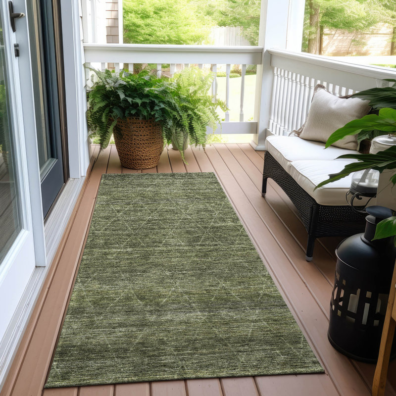 Olive Green Flat Woven Synthetic Indoor/Outdoor Runner Rug