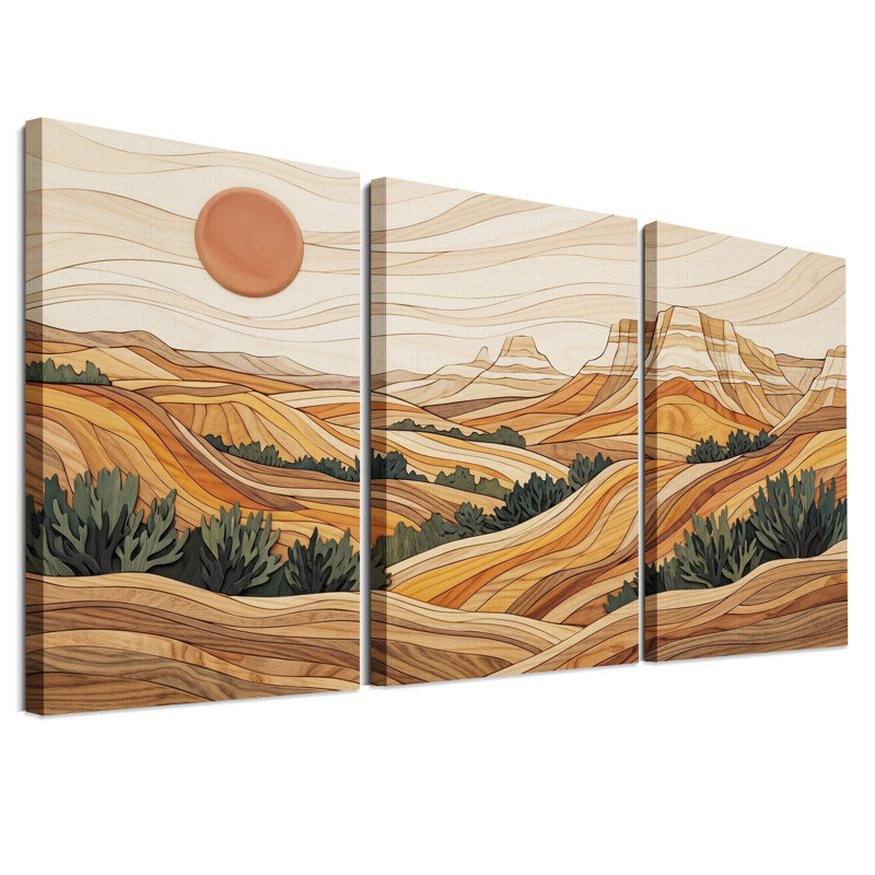 "Earth Tone", grain de bois, paysage désertique, ensemble de 3 toiles, H 36 po x l 24 po x 3 pièces
