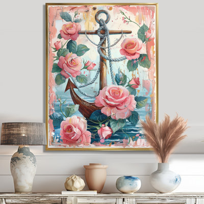 Ancre de pirate rose et vert avec roses roses II - décoration murale bord de mer