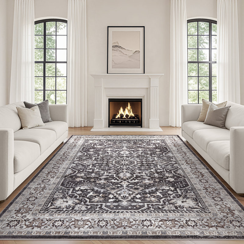 Aasen Boho Tribal Washable Vintage Oriental Area Rug for Living Room Bedroom-Black, Rectangle 9' x 12', Black
