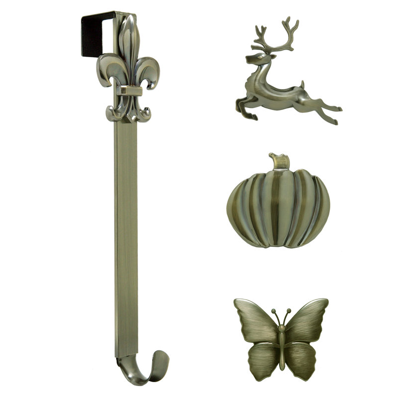 Adjustable Length Wreath Hanger with 4 Interchangeable Icons, Antique Brass
