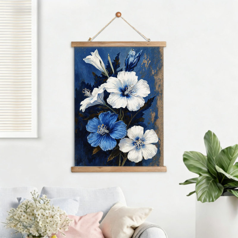 Bouquet d'hibiscus bleu et blanc, art mural à volutes suspendues, cintre en bois intégré, l 16 x L 24