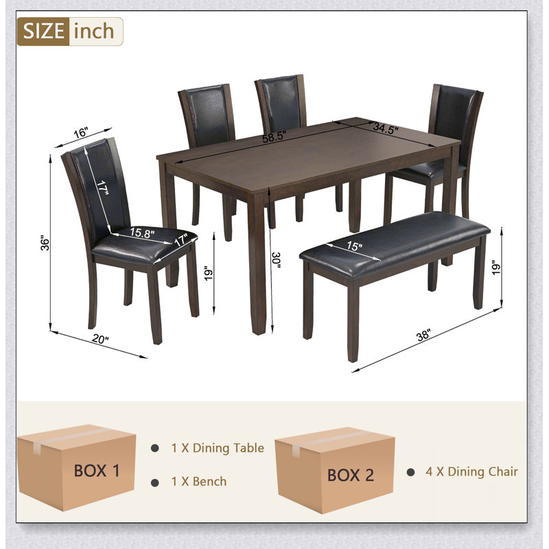 Ensemble de table de salle à manger 6 pièces avec banc et chaises, ensemble de table à manger en bois pour 6 personnes, ensemble de table de salle à manger de style rustique pour 6 personnes Farmhouse
