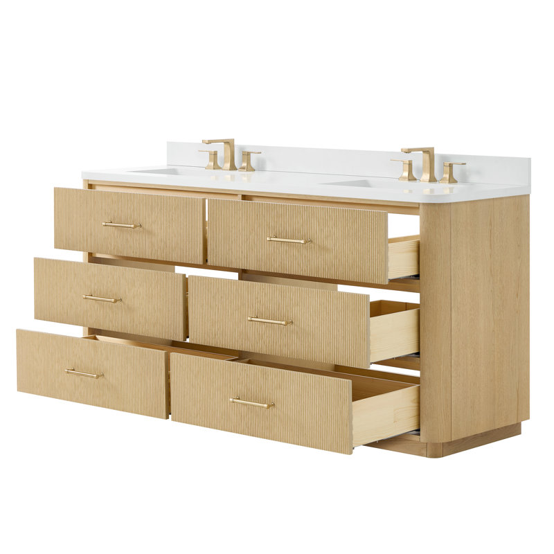 Meuble-lavabo double Francesca 72 po en chêne scandinave, comptoir arrondi en quartz blanc, lavabos carrés encastrés (3 trous), garniture en bronze satiné