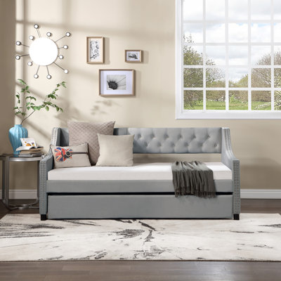 Daybed with Trundle Upholstered Tufted Sofa Bed, with Button and Copper Nail on Arms,full Size Grey. by House of Hampton