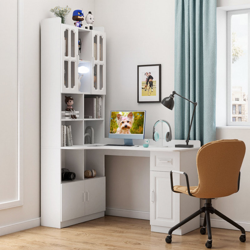 55" L-Desk + Hutch – 4 Cabinets, Drawer, Open Shelves, 77" Height, 2-in-1 Corner Design, 132 lb, Home-Office Command Center