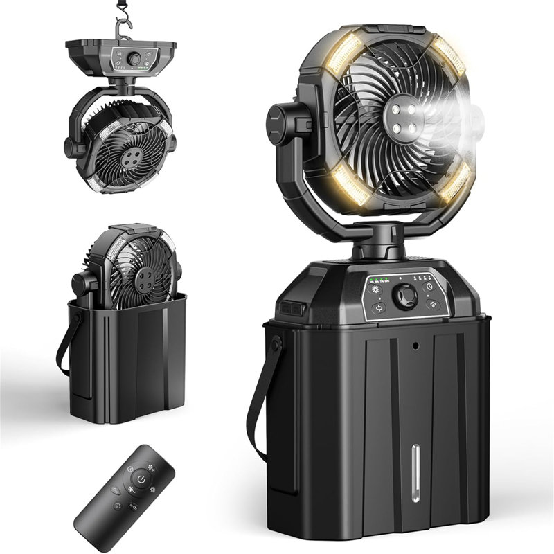 Misting Fan Portable 6L Bucket Camping Fan With Led Light Remote & Hook, 4 Spray Mister, Black, Black