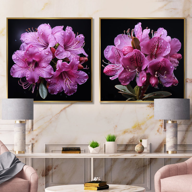 Singulier beauté des rhododendrons mauves I - ensemble de salon rhododendron, Encadrement doré, H 16 po x l 33 po x P 1 po
