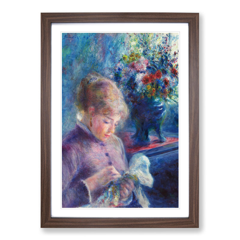 Young Woman Sewing by Pierre-Auguste Renoir - Picture Frame Painting, 48cm H x 36cm W x 2cm D, Walnut Framed