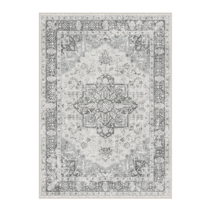 Tapis lavable rétro patiné avec envers antidérapant, Gris, Rectangulaire 3 pi x 5 pi