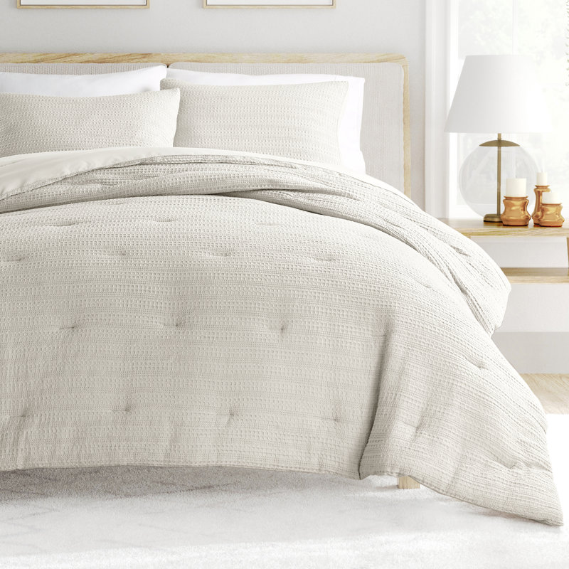Waffle Textured 3-PC Comforter Set All Season Down-Alternative Ultra Soft Bedding, Dune, Twin / Twin XL