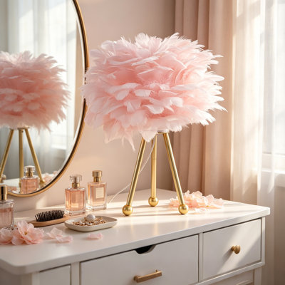 14.5" Modern Pink Feather Table Lamp with Gold Metal Tripod Base