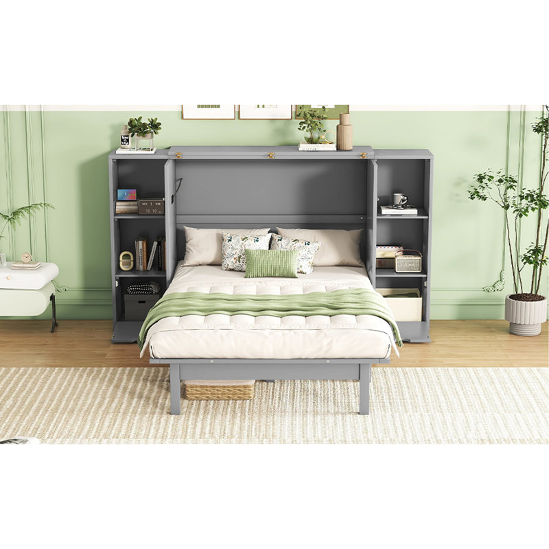 Bed Murphy Storage Bed with Shelves, Drawers and USB Ports, Gray, Queen