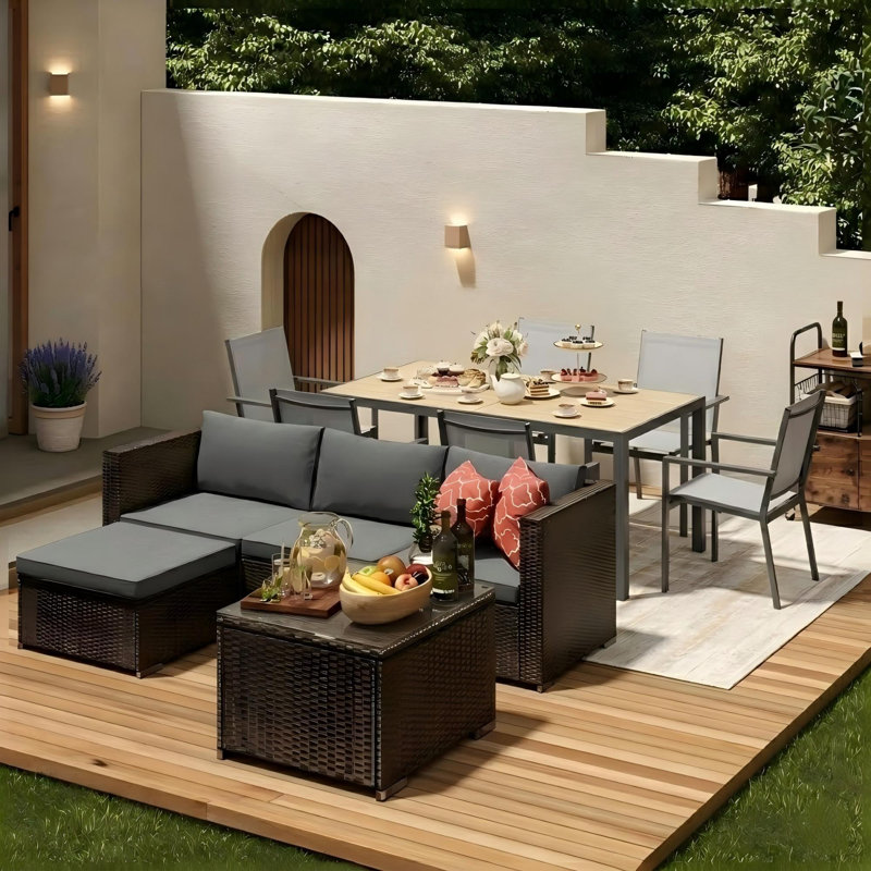 Ensemble de 12 meubles de patio extérieur: Comprend un ensemble de salle à manger 6 places et un canapé modulaire d'angle avec repose-pieds et table basse