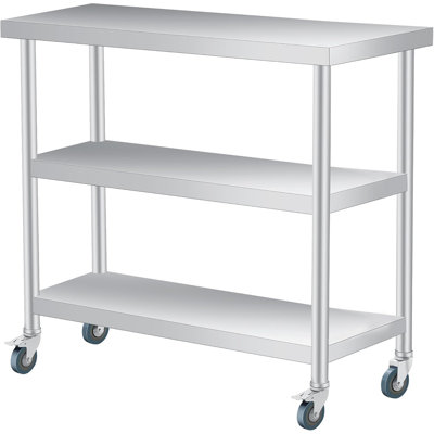 Stainless Steel Table, 18 x 36 Inch, 3-Tier Metal Prep Table with 2 Lockable Wheels, Undershelf, Commercial Kitchen Utility Workstation for Restaurant, Hotel, Laundry, Garage, Indoor, Outdoor, BBQ