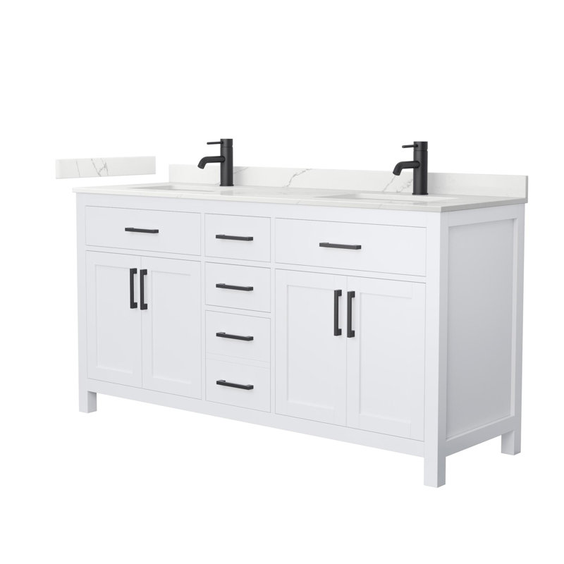 Beckett 66" Freestanding Double Bathroom Vanity with Quartz Top, White, Matte Black, Giotto Quartz