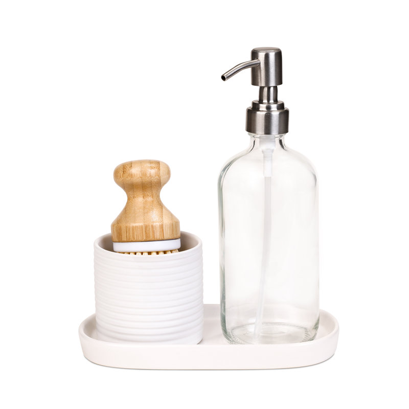 White Ceramic Soap Pump and Brush Set with Tray