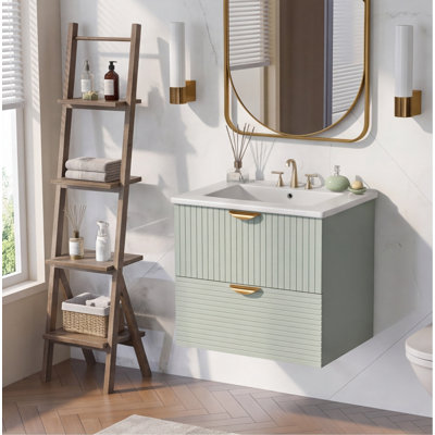 Meuble-lavabo mural 24 po avec 2 tiroirs et lavabo en céramique, vert - meuble-lavabo moderne en bois aggloméré pour petits espaces