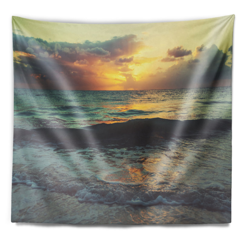 Eaux bleues colorées seascape à coucher de soleil tapisserie, H 32 po x l 39 po