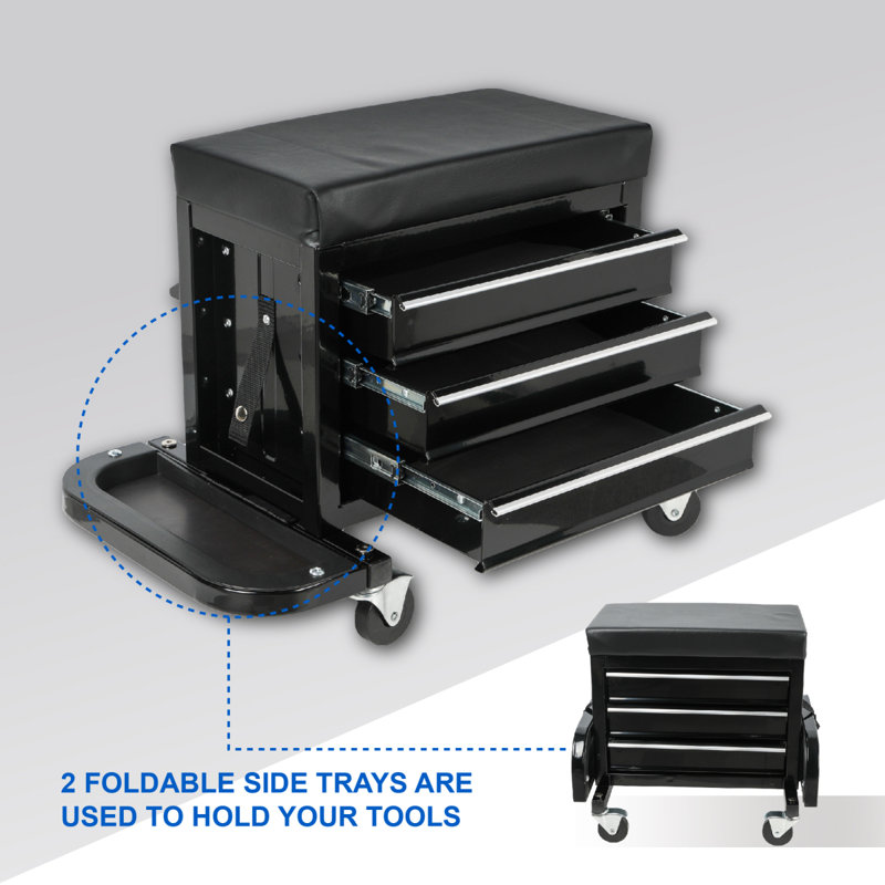 Coffre à outils 3Drawer avec porte-outils, capacité de poids maximale de 350 lb, noir