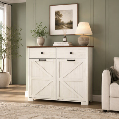 Armoire poubelle double inclinable Farmhouse pour poubelles de 20 gallons, armoire de recyclage autoportante avec tiroir dissimulé, armoire de trieur à linge de type porte de grange, armoire poubelle inclinable pour la cuisine