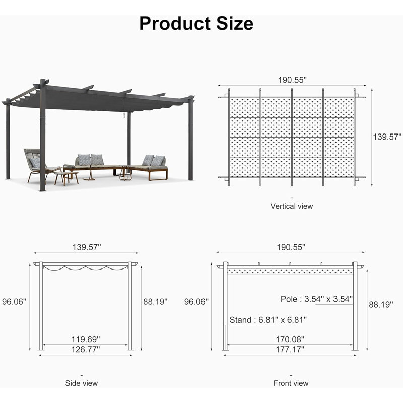 16 pi L 12 pi. Pergola en aluminium avec auvent, gris