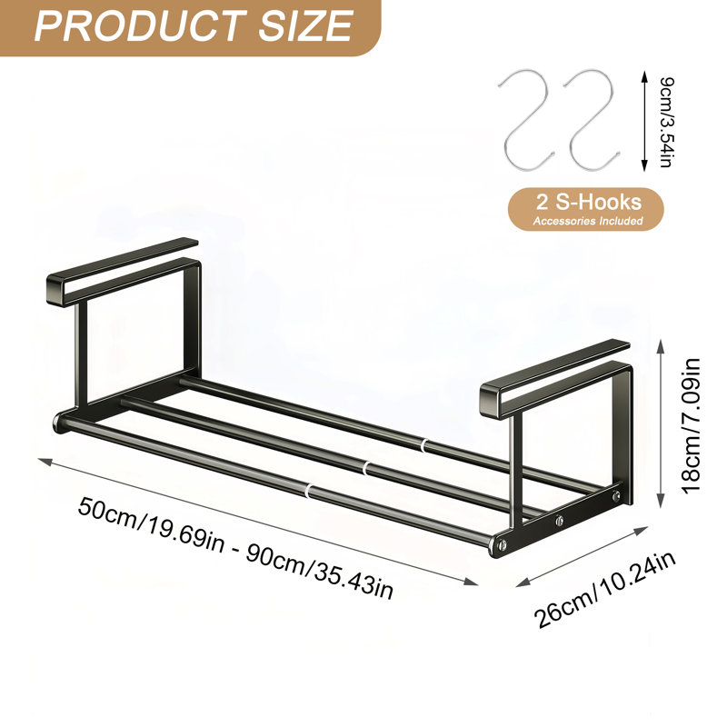 Étagère à chaussures extensible 19,69 - 35,43 pouces, noir, rétractable sous l'armoire, pour suspendre un placard, un vestibule, un coin, un garage, peu encombrant et robuste, avec 2 crochets en S