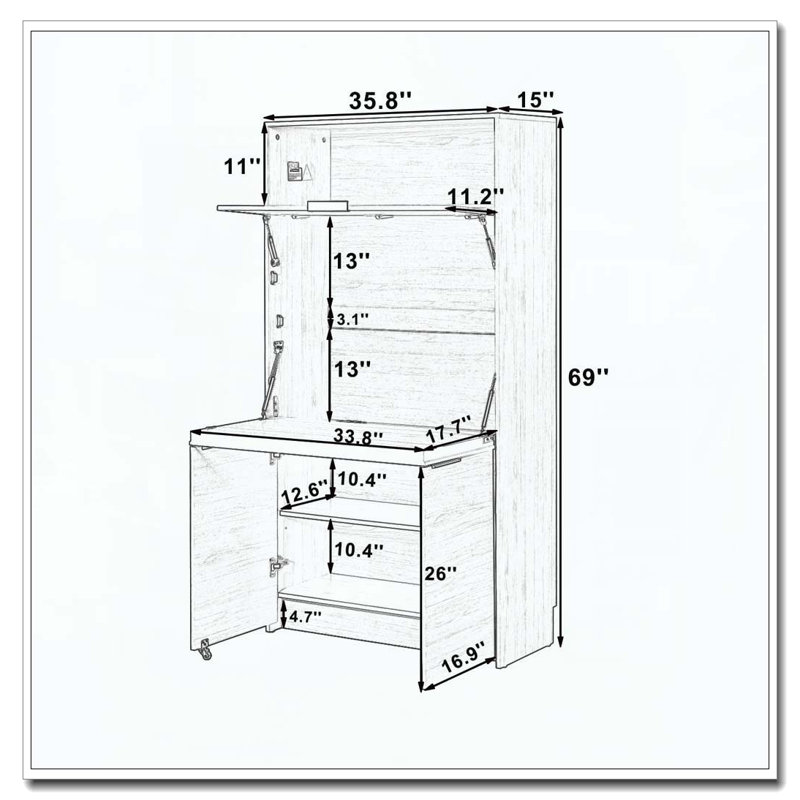 Compact Kitchen Pantry Buffet with Foldable Workstation, White