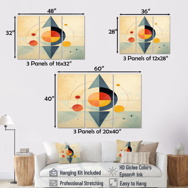 Brittani - ensemble d'art mural géométrique, Toile tendue, H 32 po x l 48 po x P 1 po