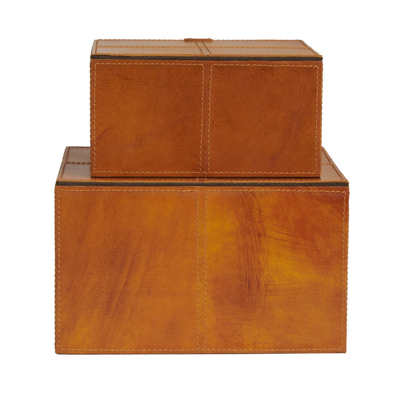 Brownsburg 2 Piece Handmade Faux Leather Decorative Box Set, 6.05" H x 10.15" W x 9.9" L, Cognac Brown