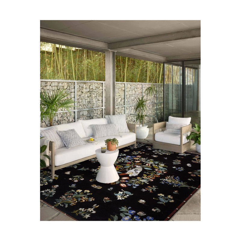 Tapis décoratif moderne multicolore noir à motif de fleurs et d'oiseaux, Sous-tapis rectangulaire 2 pi 6 po x 4 pi 11 po