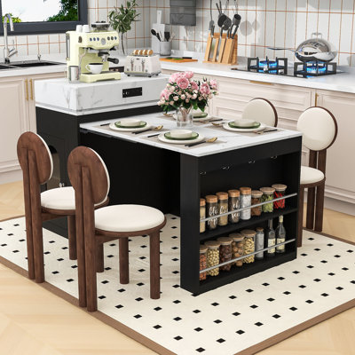 Extendable Kitchen Island Dining Table with Folding Top, Power Outlet, Drawers and Hidden Casters