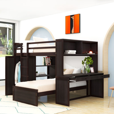 Hockaday Full Over Twin Size Wood Bunk Bed with Shelves,Desk and Wardrobe