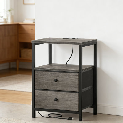 LED Nightstand With Charging Station, Modern Night Stand With 2 Fabric Drawers For Bedroom