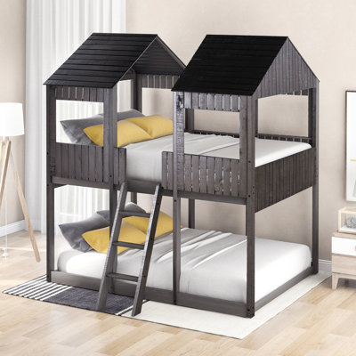 Antique Gray Full Over Bunk Bed With Guardrail & - Safe For Family Wood Create A Secure Sleeping Environment