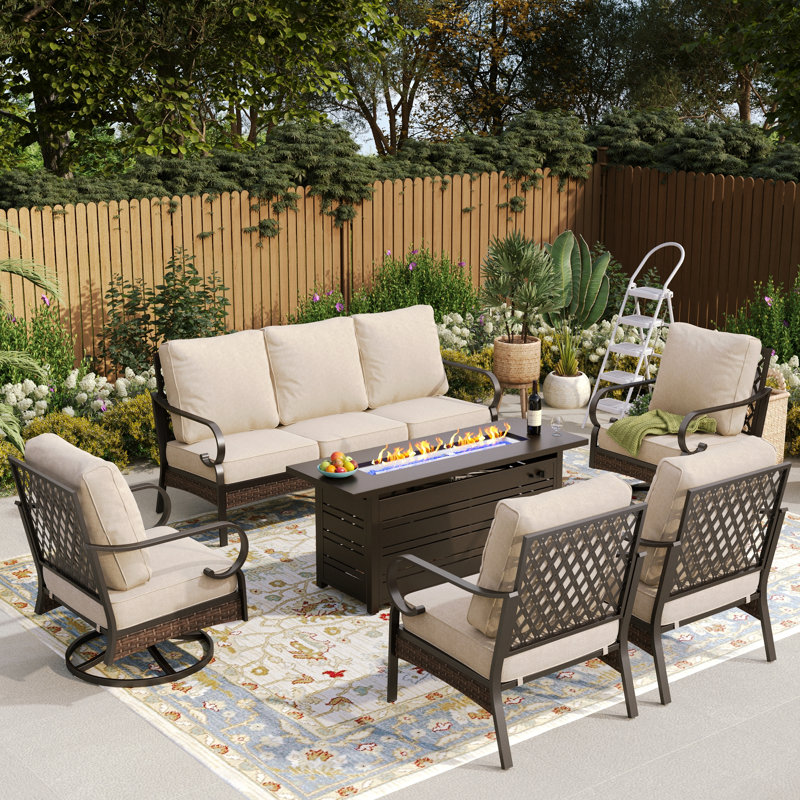 Ensemble de conversation pour 7 personnes avec 2 chaises longues pivotantes et table de foyer, Noir / beige / noir