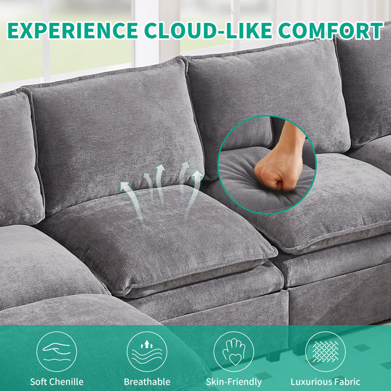 130'' 4-Seat Chenille Sectional With Four Ottomans, Light Gray Chenille