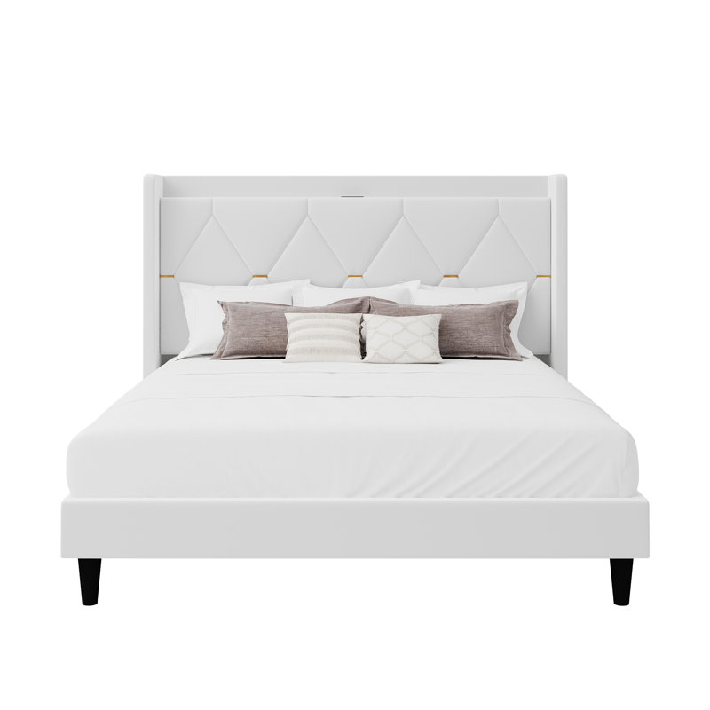 Modern Tufted Velvet Upholstered Bed With Charging Station & Storage Shelf ,No Box Spring Needed, Full, White