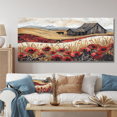 Les coquelicots de campagne et la vache et la grange III - coquelicots, art mural pour le salon