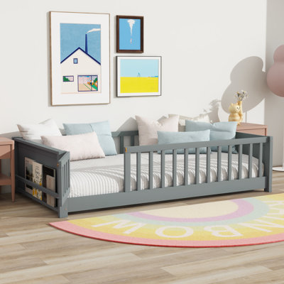 Twin Size Floor Bed with Built-in Book Rack and Door,Grey